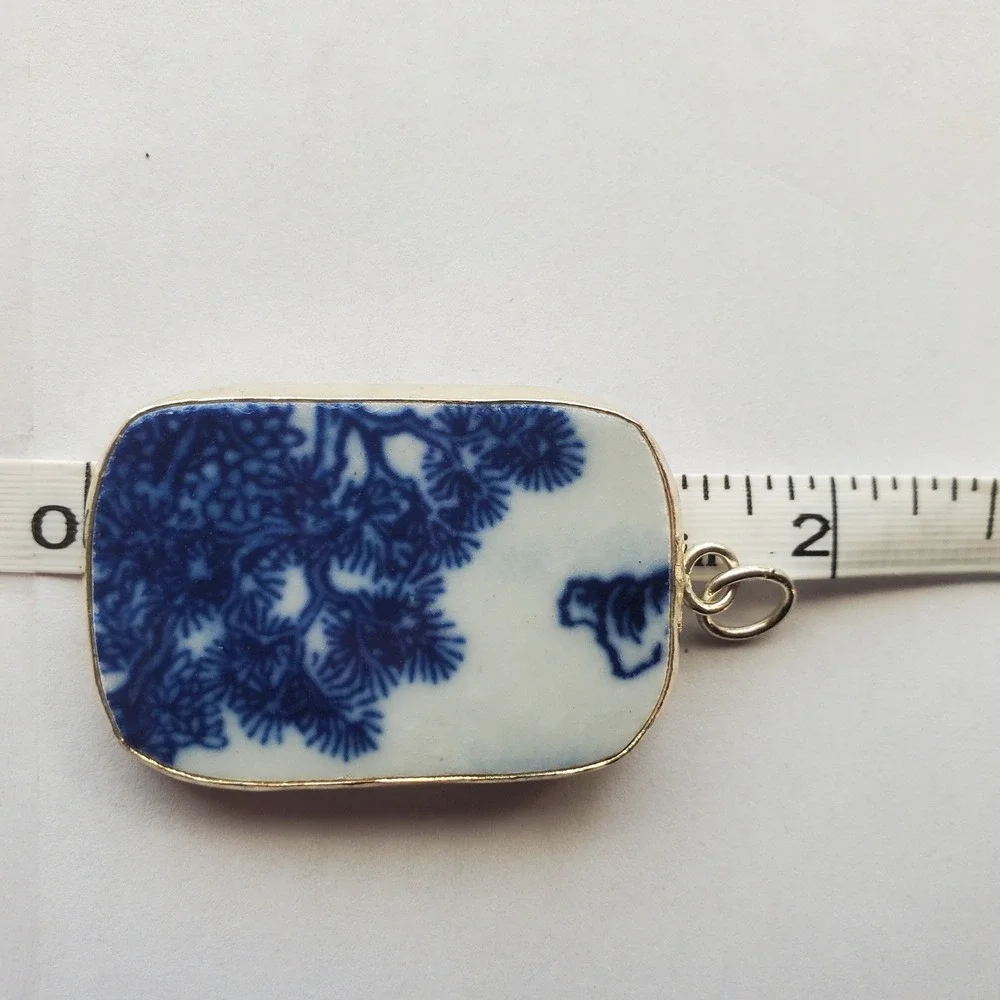 Vintage Blue & White Bonsai Tree Pottery Shard Pendant Chinoiserie Focal Jewelry